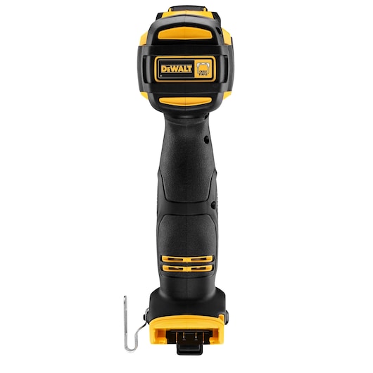 Front view of a DEWALT DCN701N cable stapler tool with a black and yellow body, shown upright on a white background.