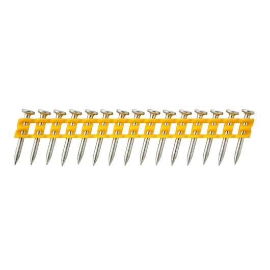 Strip of collated nails with a yellow plastic holder for use in a nail gun.