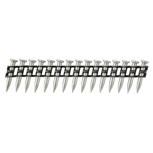 Strip of collated metal nails held together by a black plastic carrier for use in a nail gun.