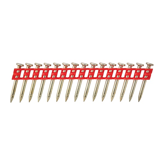 Strip of collated nails with a red plastic carrier, designed for use in a nail gun.