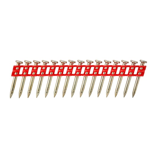 A row of DEWALT collated nails with a red plastic strip for use in a nail gun, shown on a white background.