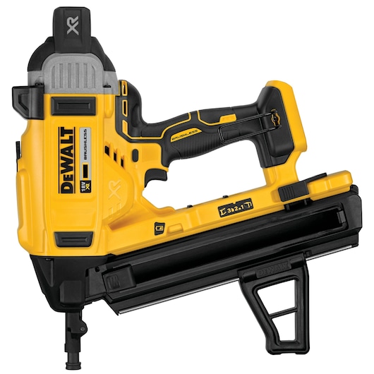 DEWALT DCN890N 18V yellow and black cordless nailer for concrete and masonry applications.