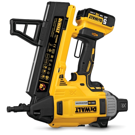 DEWALT DCN890N yellow cordless nailer with 18V battery, black accents and ergonomic handle.
