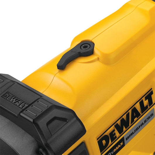 Close-up of yellow DEWALT DCN890N brushless tool with black lever and visible logo.