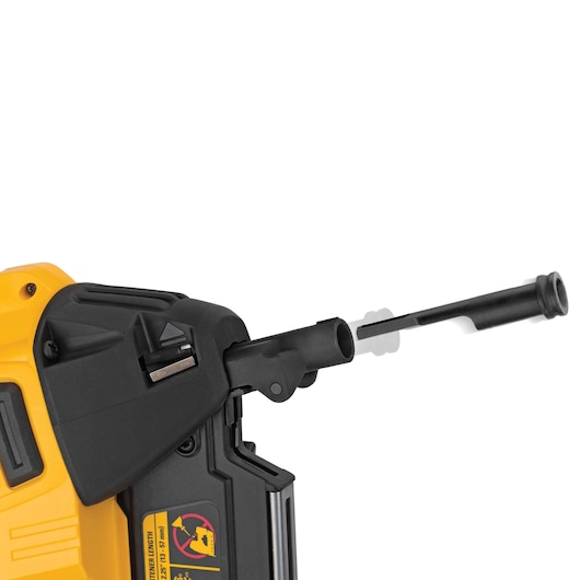 Close-up of a DEWALT DCN890N nailer with adjustable nozzle attachment, shown in black and yellow.