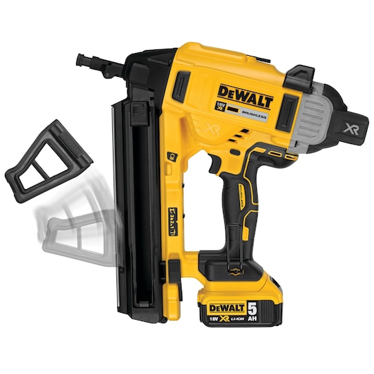 DEWALT DCN890N 18V XR cordless nailer with removable cap, yellow and black, shown with battery attached.