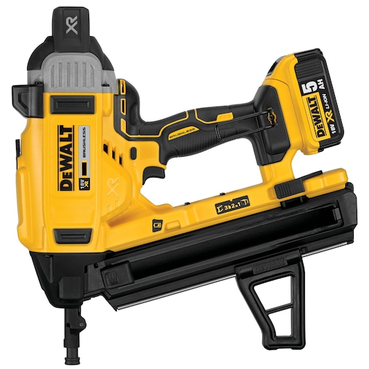 DEWALT 18V cordless nail gun, yellow and black, model DCN890P2 with XR Li-ion battery.