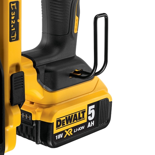 Close-up of DEWALT 18V XR Li-Ion battery tool with 5Ah capacity and yellow-black design.