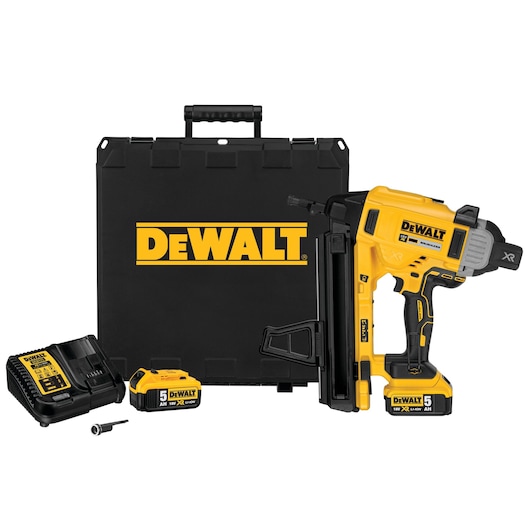 DEWALT nailer kit with tool, case, battery, charger and accessory, all in yellow and black.