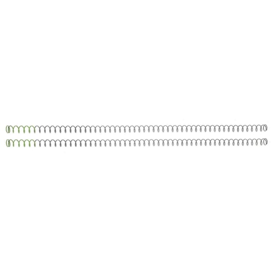 Two long coil springs with some green loops at one end, placed side by side on a white background.