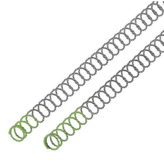 Two metal coil springs with green ends are shown side by side on a white background.