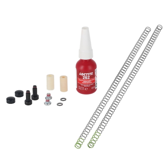 DEWALT DCN9202 kit with glue, springs, washers, plastic and metal parts on a white background.