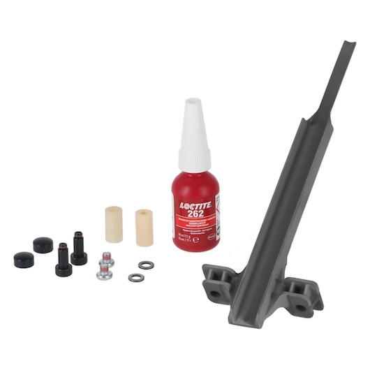 DEWALT DCN9301 photography kit with tool piece, Loctite glue, screws, washers, and cylindrical spacers.