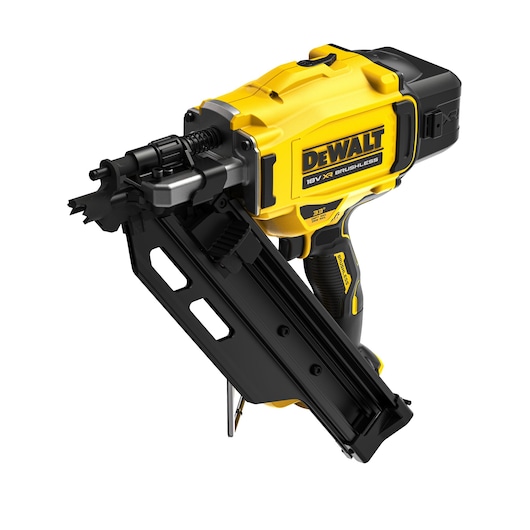 DEWALT 18V cordless nail gun with black magazine, yellow and black body, angled for framing tasks.