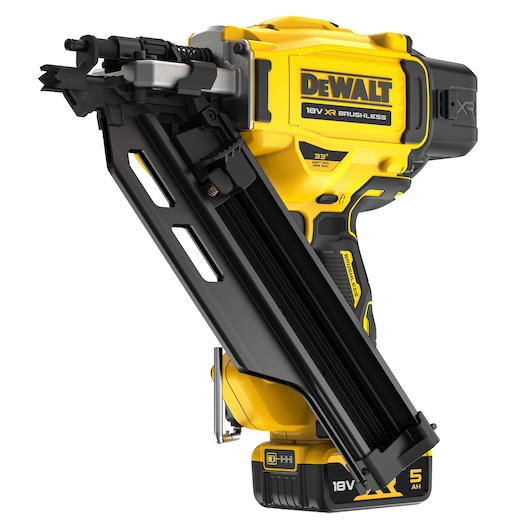 DEWALT 18V XR brushless nail gun with black magazine and yellow body, shown from the side.