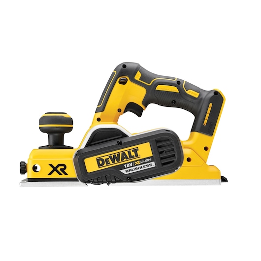 DEWALT DCP580NT cordless planer with 18V lithium-ion XR battery, yellow and black design, side view.