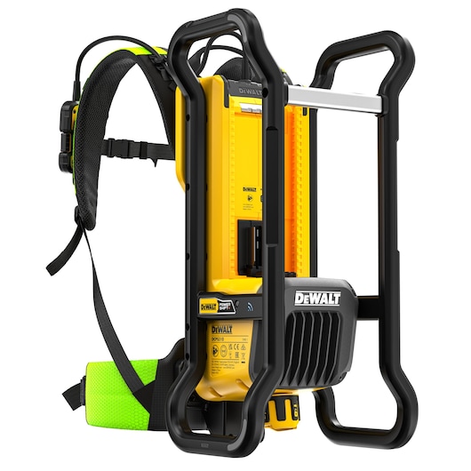 DEWALT DCPS310N yellow power tool with black frame, backpack style harness, and green padding.