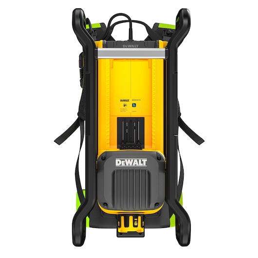 DEWALT DCPS310N battery backpack charger in yellow and black, shown upright with straps and handle.