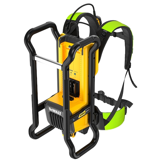 DEWALT DCPS310N backpack power unit with yellow and black frame and green shoulder straps.