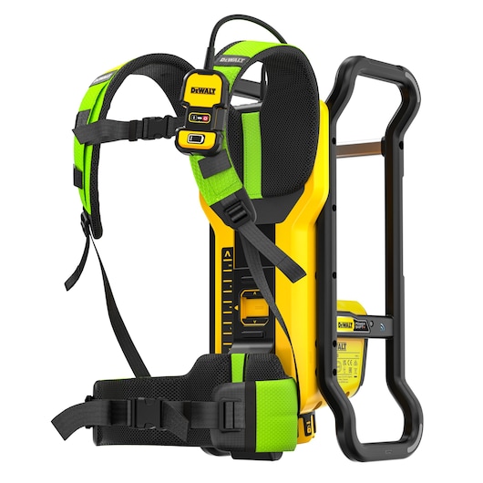 DEWALT battery-powered wearable device with adjustable green straps, harness, and a control unit on the front.