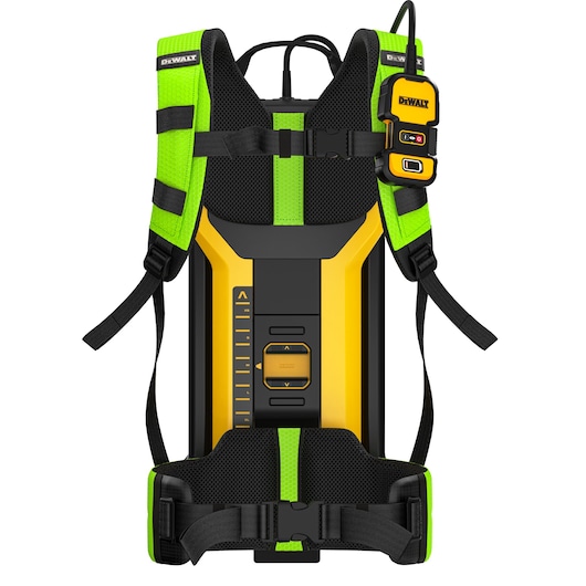 DEWALT backpack battery with control panel, straps, and bright green accents designed for ergonomic outdoor use.