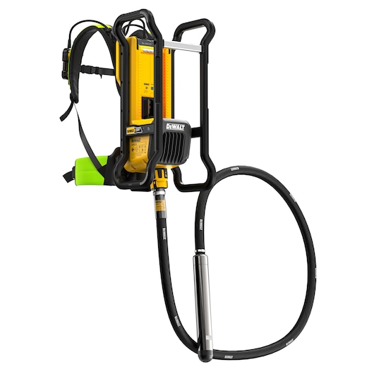DEWALT backpack concrete vibrator with hose, black and yellow, for construction site use.