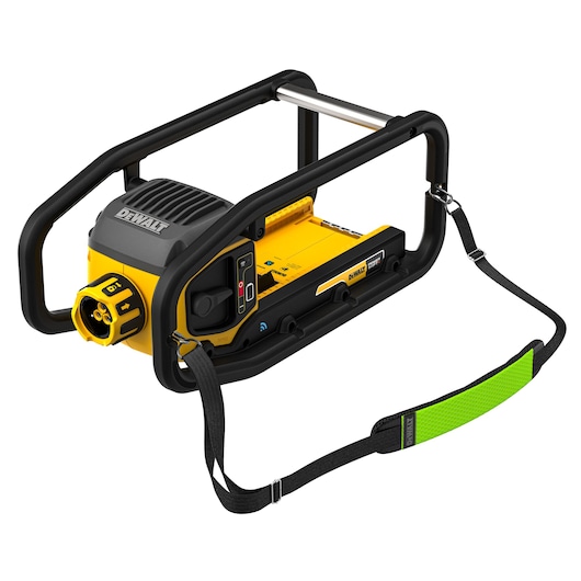 DEWALT portable yellow power tool with black protective frame and green strap, model DCPS320N.