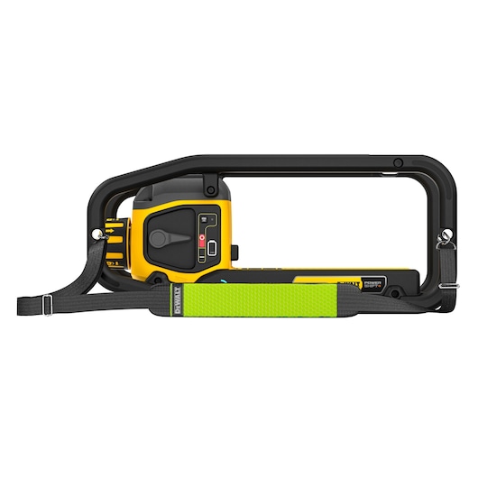 DEWALT DCPS320N cordless chainsaw with safety guard and carrying strap, shown in side profile view.