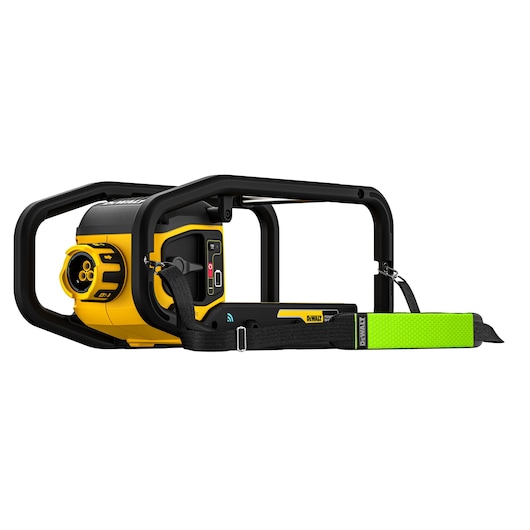 DEWALT DCPS320N tool with protective frame and bright green shoulder strap, shown from side view.