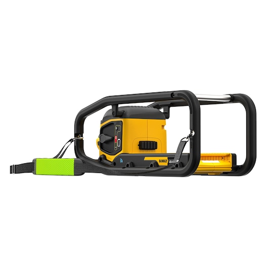 DEWALT DCPS320N camera with protective frame and green shoulder strap, side view on white background.