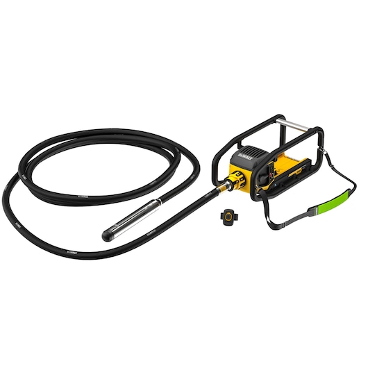 DEWALT concrete vibrator with long black hose and protective frame, suitable for construction tasks.