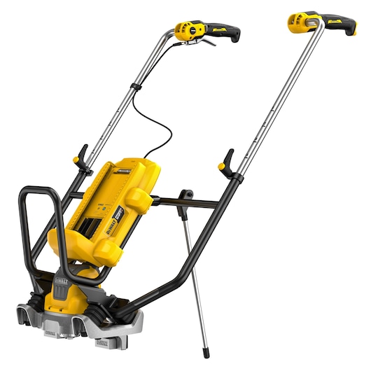 DEWALT cordless photography device with yellow and black frame, dual handles, and adjustable stand.