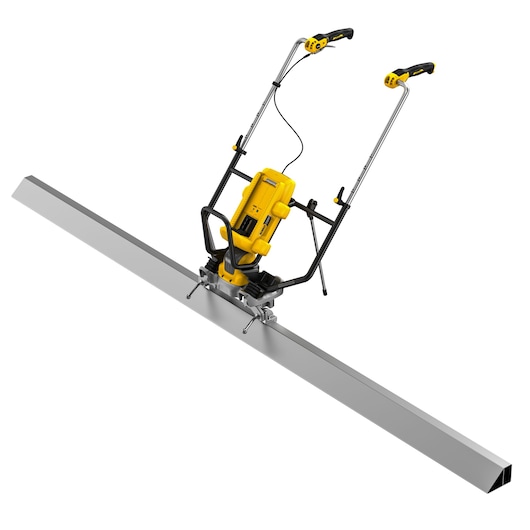 DEWALT DCPS330N power screed for leveling concrete, with yellow motor and long metal blade.