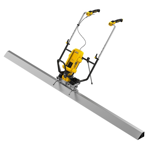 DEWALT concrete screed tool with dual handles, yellow motor and long metal blade on white background.
