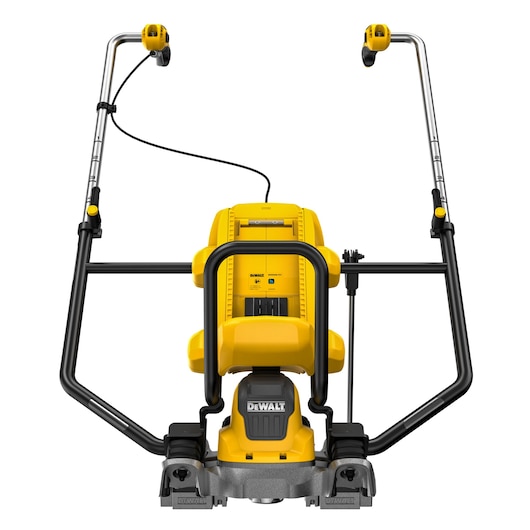 DEWALT DCPS330N yellow power pole saw shown from front with metal handles, battery compartment, and cutter head.