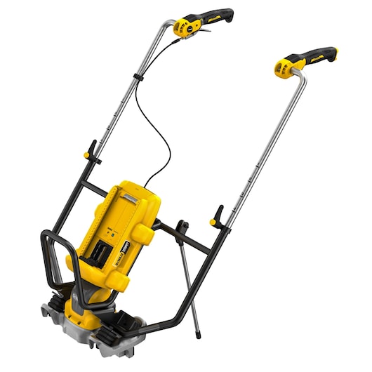 Yellow and black DEWALT cordless pole saw with adjustable handle shown isolated on a white background.