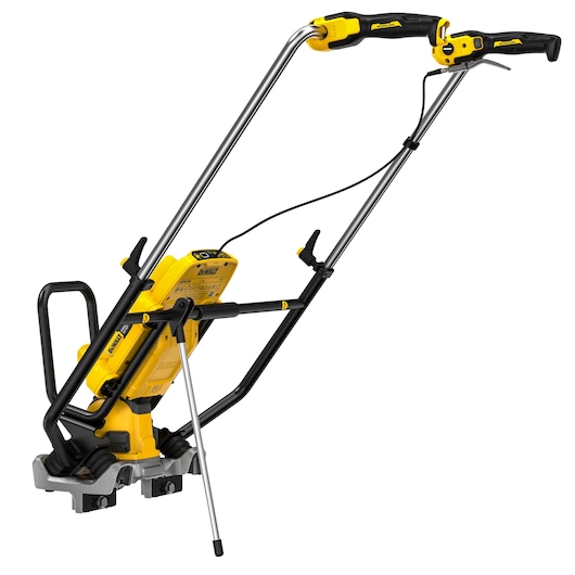 DEWALT cordless pole saw with yellow and black design, ergonomic handle, and dual support bars.