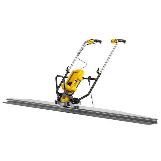 DEWALT cordless power screed with yellow body and long handles, designed for leveling concrete surfaces.