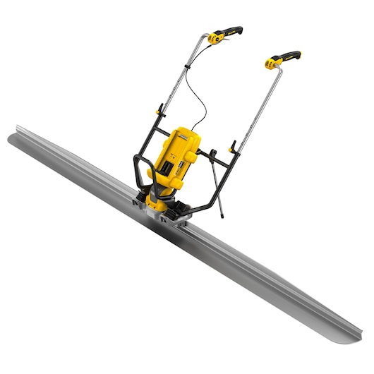 DEWALT concrete screed machine with yellow motor and long metal blade for smoothing surfaces.