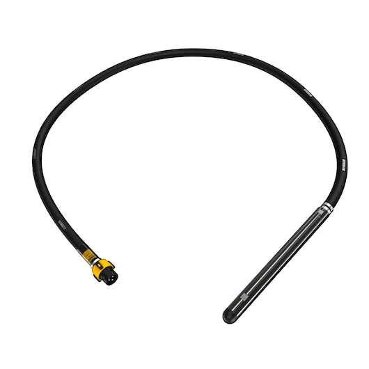 DEWALT flexible concrete vibrator shaft with connector and metal tip on white background.