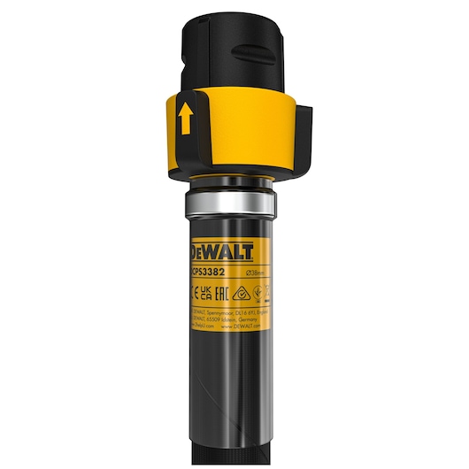 Close-up of DEWALT DCPS3382 photography tool with yellow and black casing and product label visible.