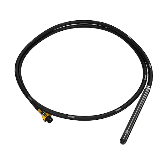 DEWALT concrete vibrator: a black flexible hose with metallic vibrating head and connector on white background.