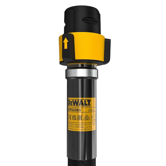 DEWALT DCPS3385 photography tool close-up showing the yellow label and connector details.