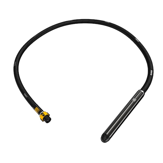 DEWALT flexible shaft tool with metal tip, used for vibration in concrete construction. Product shown on white background.