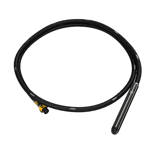 DEWALT concrete vibrator shaft with black cable and metal head, DCPS3505, on white background.