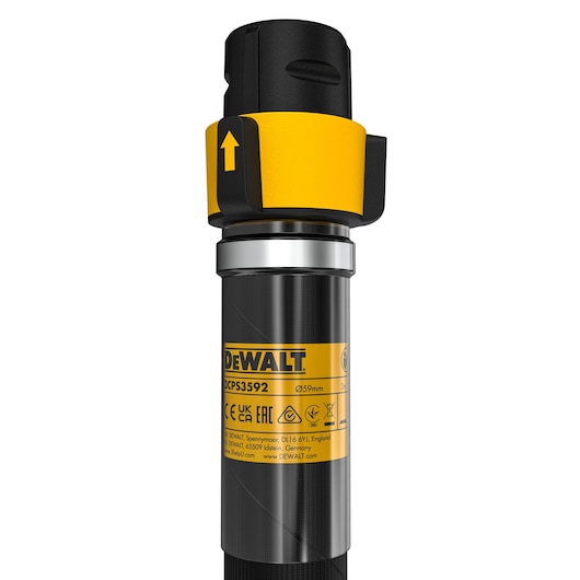 Close-up of DEWALT DCPS3592 pole, showing yellow safety collar and product label with specifications.