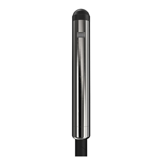 Close-up of a DEWALT stainless steel cylindrical pole with a black cap and a small rectangular button.