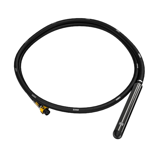 DEWALT DCPS3595 black concrete vibrator shaft with metallic head and connector, coiled in a circle.