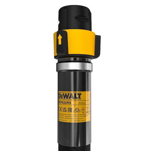 Close-up of DEWALT DCPS3595 tool with yellow label, branding and arrow indicator at the top.