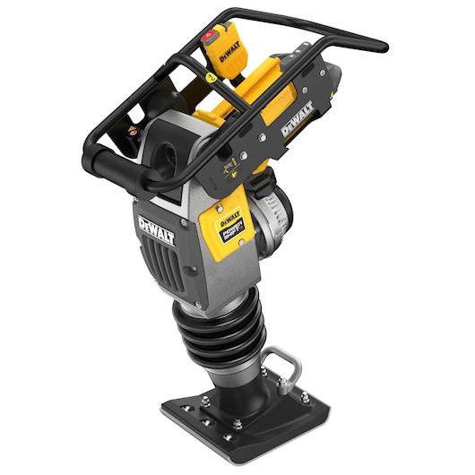 DEWALT cordless compactor with protective frame, yellow and black, shown on white background.